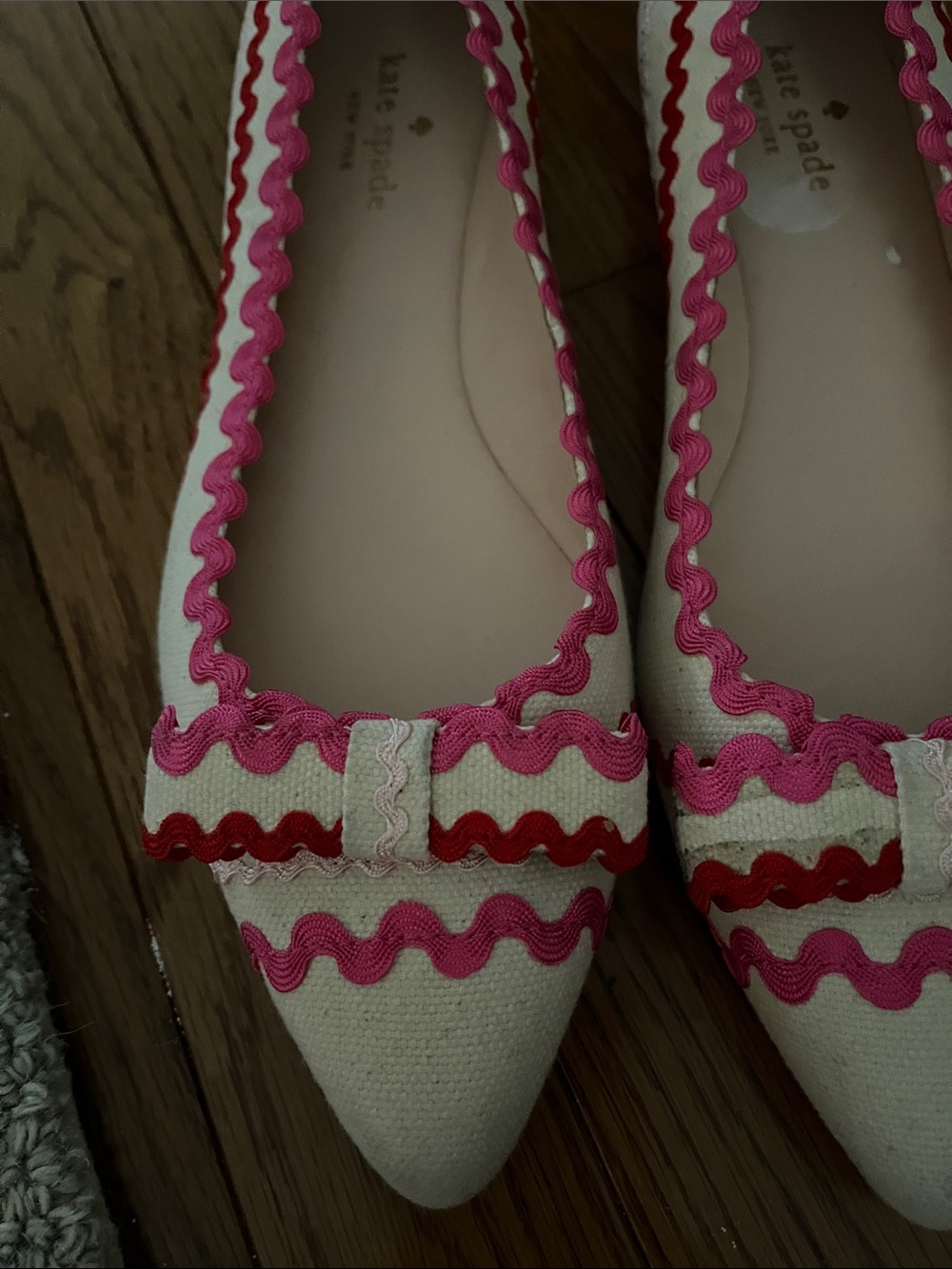 kate spade Cream Pointed-Toe Flats with Pink & Red Trim - Picture 2 of 7